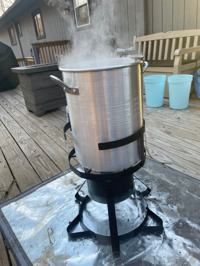 My maple sap boiling on my deck